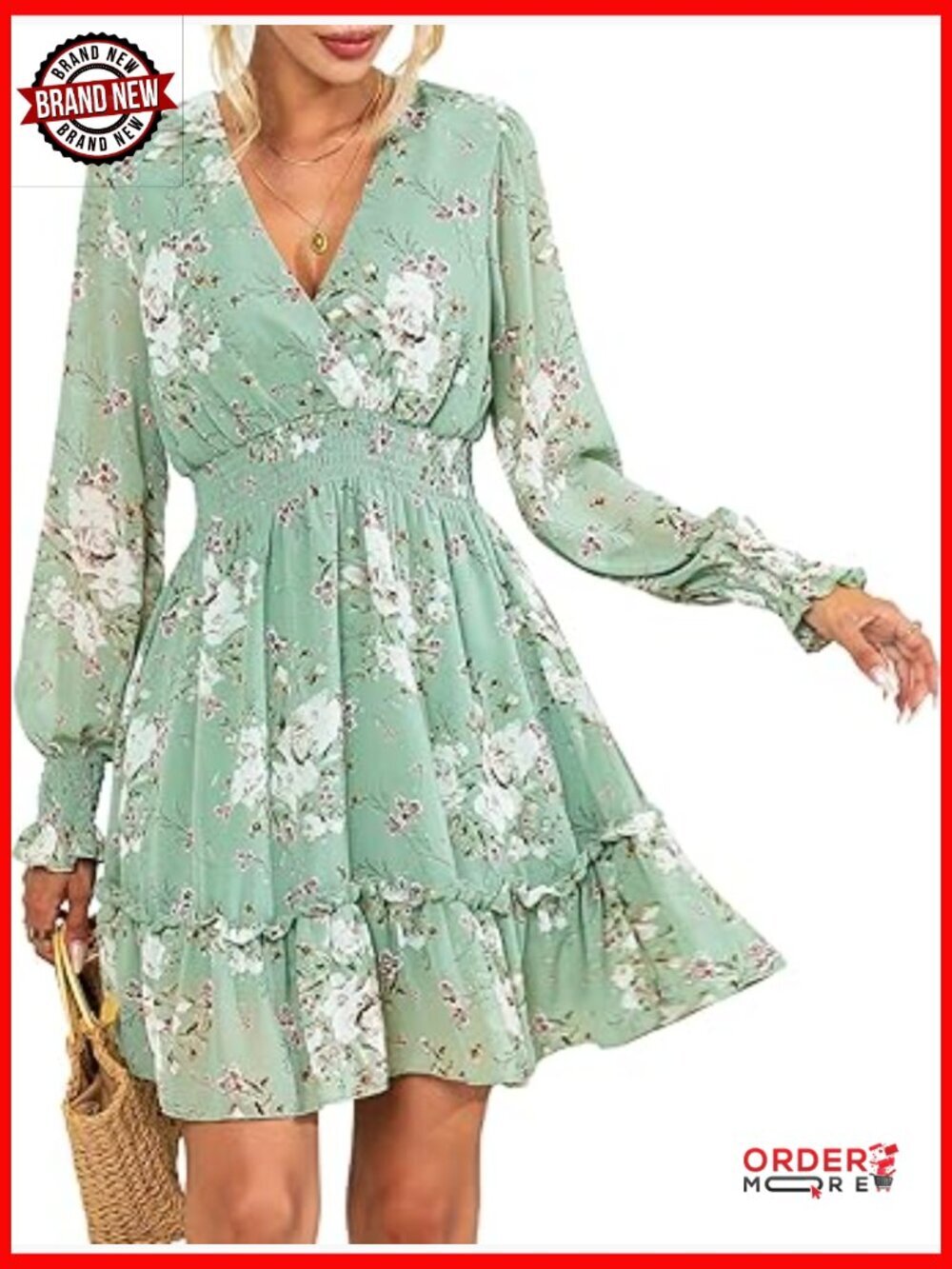 Floral Chiffon Long Sleeve Mini Dress Flowy A-Line Wrap Neck Tie Back